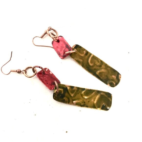 Green Red Pure Hand Painted Solid Copper Dangle Earrings Boho Christmas Gift - Picture 7 of 13